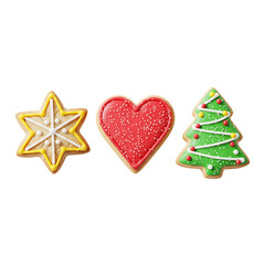 Three festive christmas gingerbread cookies isolated on transparent background
