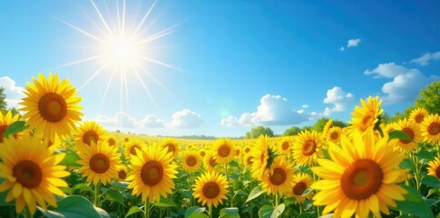 Obraz premium A vibrant sun shines on a field of sunflowers, creating a scene of idyllic joy and summer bliss Perfect for illustrating themes of positivity, optimism, and carefree happiness , life, yellow