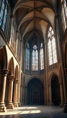 Fototapeta premium Awe-inspiring Gothic cathedral, intricate stonework, soaring arches, stained glass windows, and towering spires A testament to medieval craftsmanship and religious devotion , chapel, tower