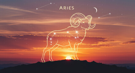 aries logo with sunset background