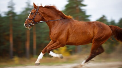 Fototapeta premium Powerful thoroughbred racehorse running at full speed on racetrack with dynamic motion and energy. Equestrian sports, horse racing competition and animal athleticism concept.
