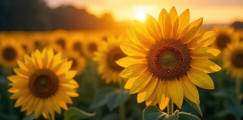 Obraz premium Close-up of a sunflower field at sunset, each bloom glistening with dew, creating a sparkling effect The warm light enhances the vibrant yellow petals and dark centers , texture, landscape, gleaming