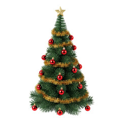 Decorated christmas tree with red ornaments and gold tinsel isolated on transparent background