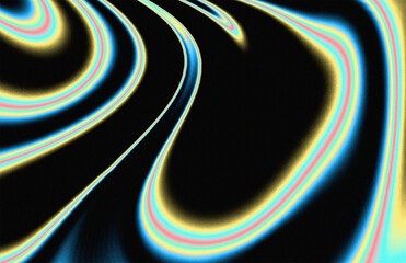 Colorful neon swirling lines pattern with nosie grainy texture flowing on black background for glowing, movement, fluid, energy design decoration