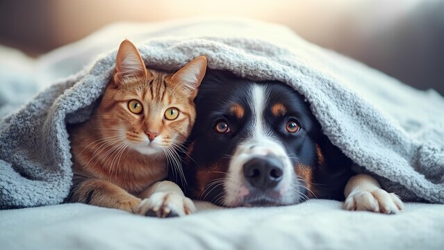 Heartwarming bond of cat and dog cuddled together at home cozy setting pet photography intimate perspective