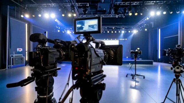 Multiple professional digital video cameras focused on lit stage in television studio ready for filming a broadcast or recording a performance