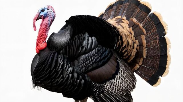 Proud tom turkey with striking iridescent plumage, a vivid red wattle, and blue head standing against an isolated white background in profile.