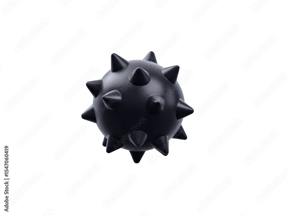 Poster black spiky ball with smooth surface and multiple pointed spikes, resembling cartoonish mine or styl