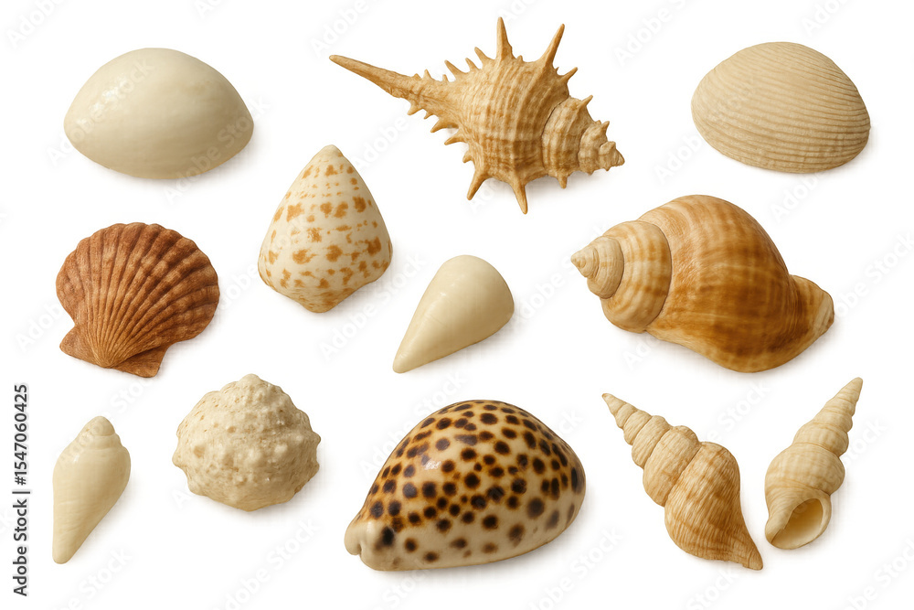 Poster twelve varied seashells displayed against transparent background, highlighting intricate shapes, pat