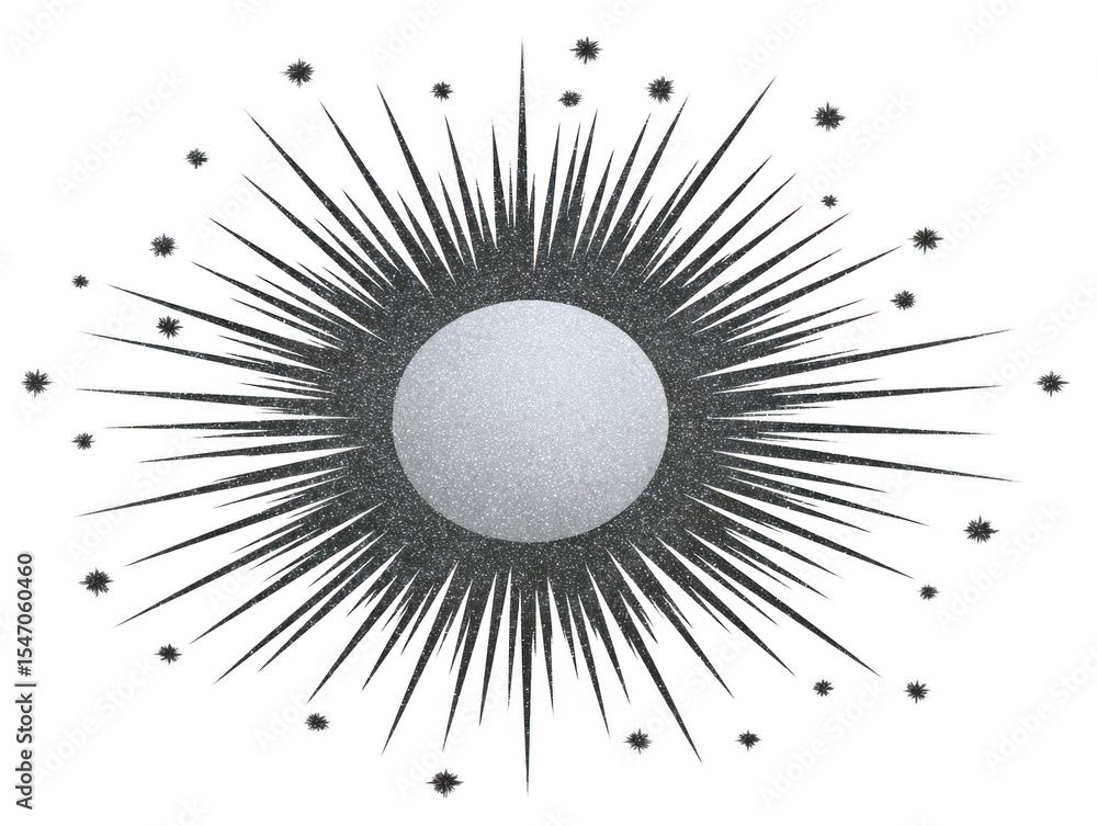 Aufkleber radiant silver sunburst design with central circular element and sparkling rays extending outward, c