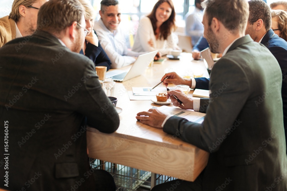 Poster group of professionals in a meeting, discussing ideas. diverse team collaborating, sharing insights.