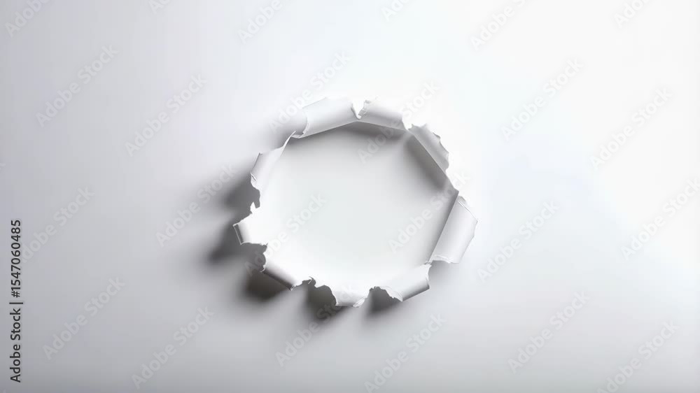 Poster circular hole torn into a white paper surface, revealing a dark void underneath with visible rough e