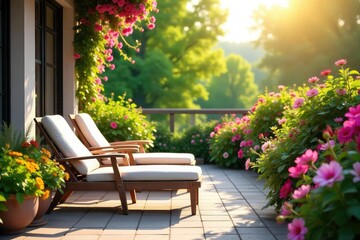 Obraz premium Relaxing summer day, vibrant flowers in full bloom, sun-drenched patio furniture inviting leisurely moments of peaceful repose and quiet contemplation , quiet, idleness