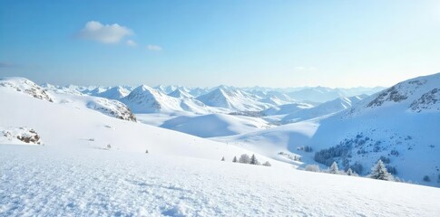 Obraz premium Rolling hills blanketed in pristine white snow, a serene winter landscape under a clear sky Perfect for nature, winter, and travel themes , picturesque, panoramic