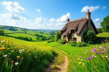 Fototapeta premium Rolling green hills, stone walls, and a quaint thatched cottage nestled amongst wildflowers under a vibrant blue sky A quintessential image of idyllic English countryside serenity , pastoral, wall