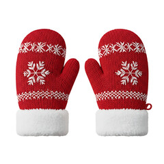 Red knit winter mittens with snowflake design isolated on transparent background