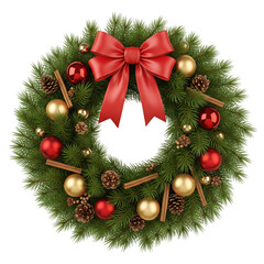 Christmas wreath with red bow gold and red ornaments isolated on transparent background