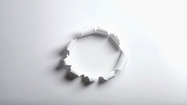 Circular hole torn into a white paper surface, revealing a dark void underneath with visible rough edges and textured shadows, creating depth