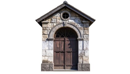 Fototapeta premium Rustic Stone Gable & Wooden Door - Architectural Details: The image.