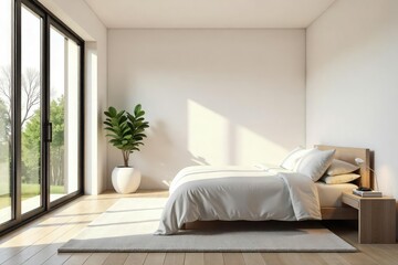 Fototapeta premium Serene minimalist bedroom featuring a neutral color palette, simple lines, and natural light The space is uncluttered and calming, promoting relaxation and tranquility , beige, soft