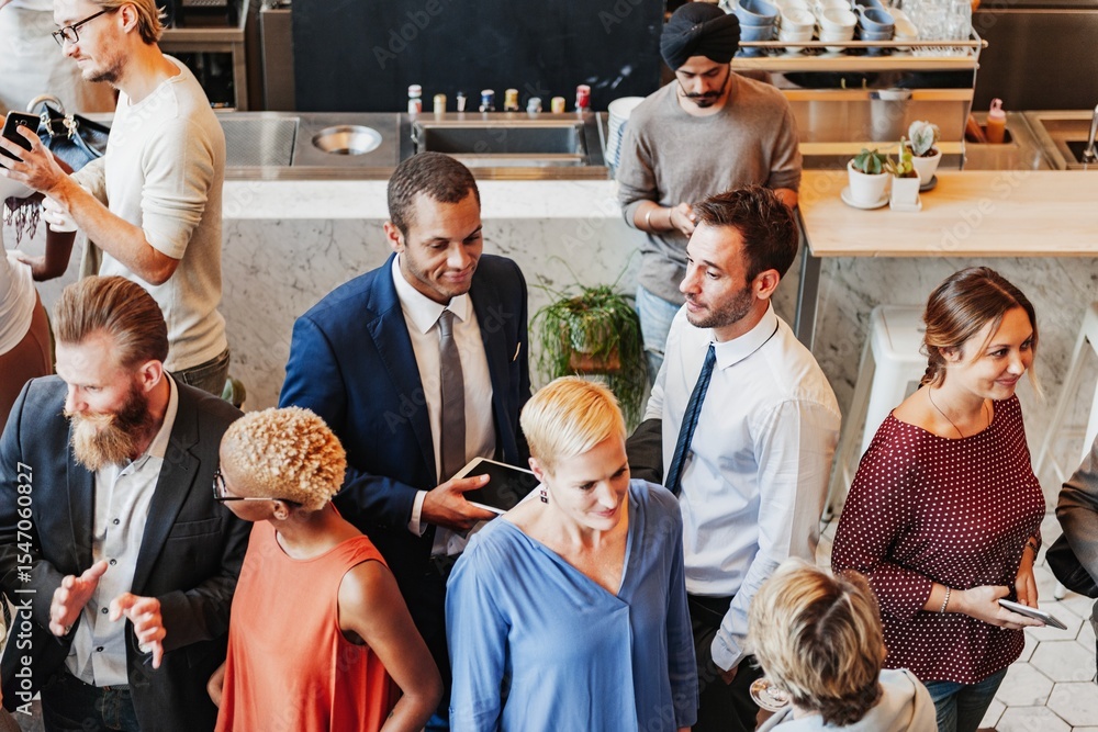 Poster diverse group of people networking at a social event in a modern cafe. men and women engaged in conv