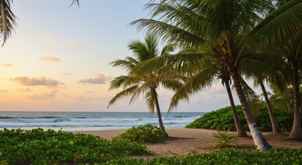 Serene Sunset Tropical Beach Paradise with Lush Palm Trees