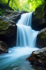Fototapeta premium Serene waterfall cascading over rocks, blurred motion creating a dreamy, ethereal atmosphere Perfect for nature, travel, or relaxation themes , energy, cliff