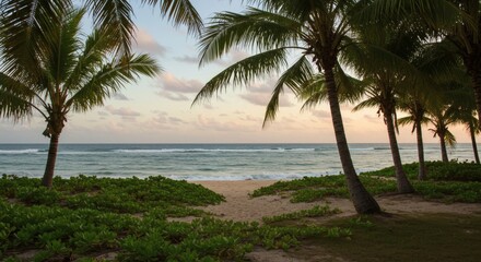 Fototapeta premium Serene Sunset Beach Scene Palm Trees Framing Ocean Waves