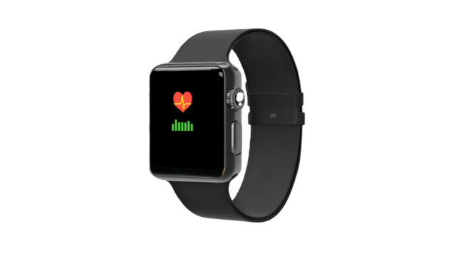 Sleek smartwatch with black band displays heart rate monitor on its screen, featuring heart icon and green bars. modern design emphasizes fitness tracking and health monitoring