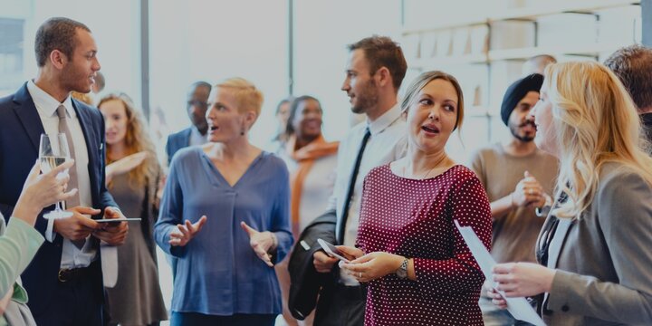 A diverse group of professionals, including men and women of various ethnicities, engage in lively conversation at a networking event. The atmosphere is vibrant and collaborative.