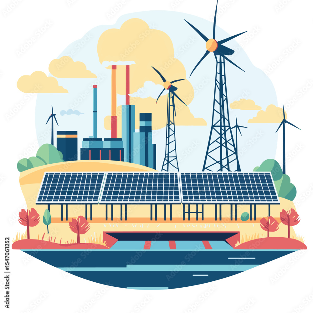 Poster minimalistic vector image of solar panels and wind turbines, hydroelectric power plants. alternative