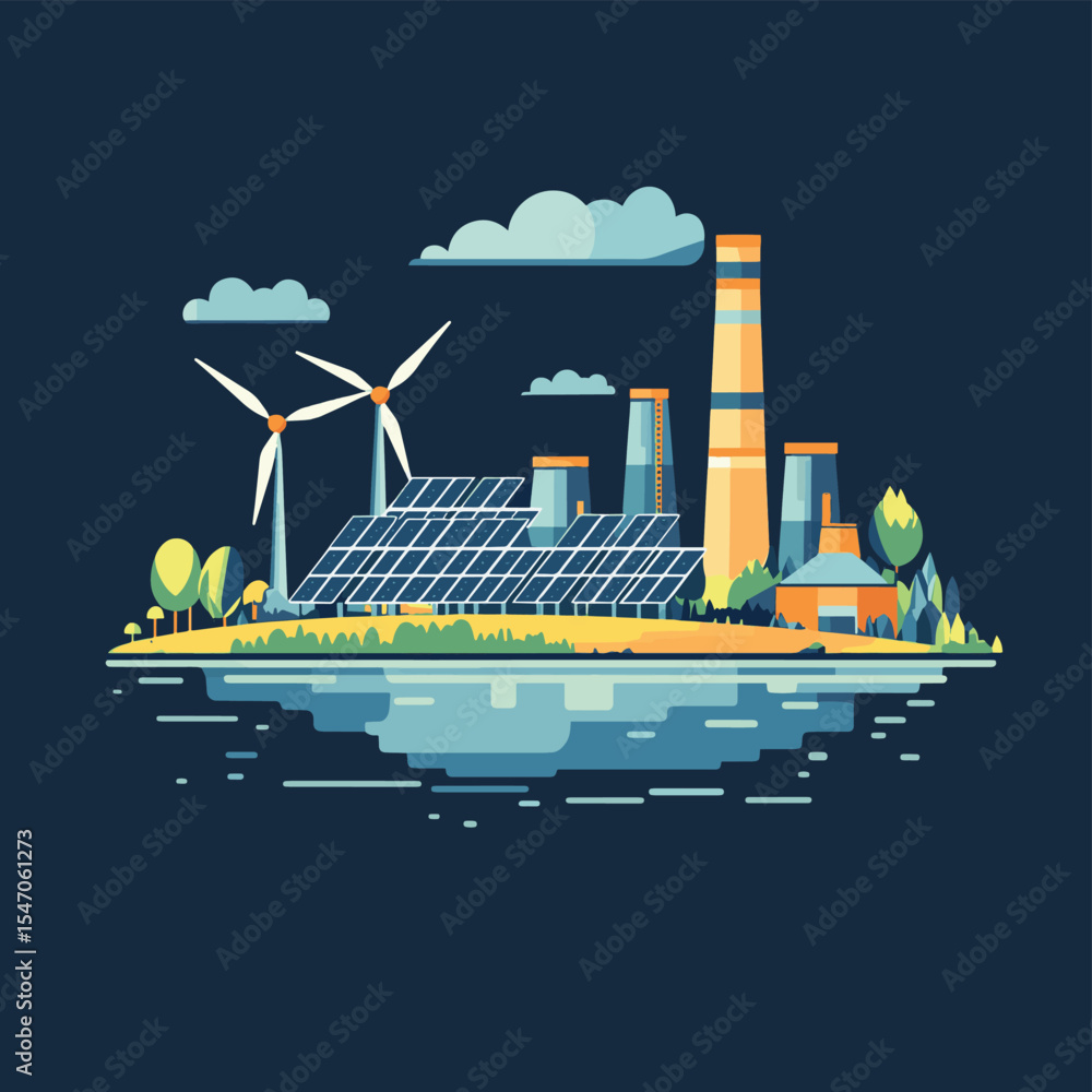 Poster minimalistic vector image of solar panels and wind turbines, hydroelectric power plants. alternative