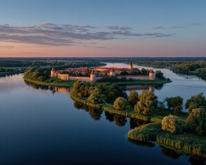 Obraz premium Castle reflected in a lake at dawn