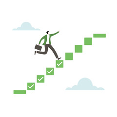 Obraz premium Task Completion Vector Illustration – Businessman Climbing Checklist Steps to Success