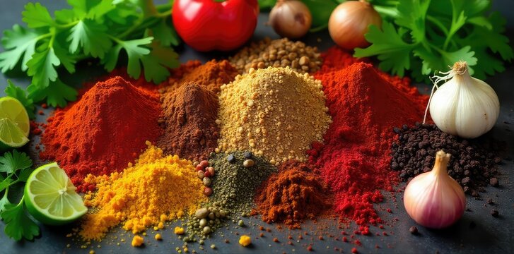 Vibrant array of Mexican spices and ingredients, including chilis, cilantro, lime, and onions, ready for cooking Perfect for adding authentic Mexican flavor to your dishes , delicious, chili, spices