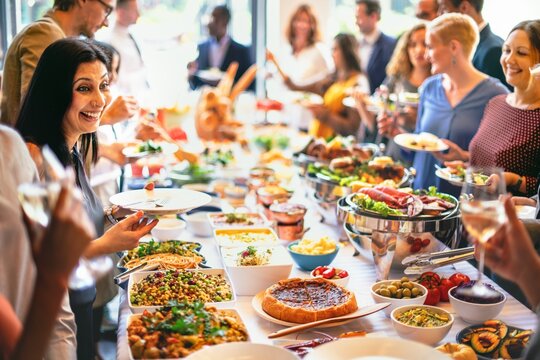 A diverse group of people enjoying a vibrant buffet at a social gathering. Men and women of various ethnicities share laughter and delicious food, creating a lively atmosphere filled with joy.