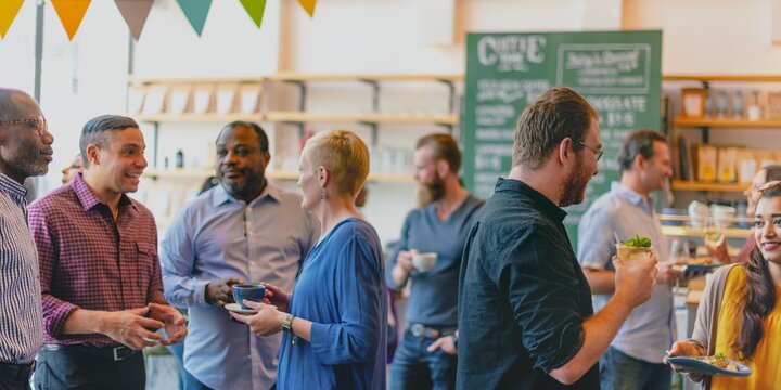 A diverse group of men and women enjoying a lively gathering in a cozy cafe. The men and women engage in conversation, sharing drinks and laughter in a vibrant atmosphere.