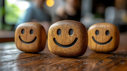 "Wooden Smiley Faces on Table - Vintage Lifestyle Concept"