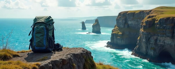 A lone backpack sits on a rugged, windswept cliff overlooking a dramatic ocean vista, embodying the spirit of adventurous travel and exploration , dramatic, destination