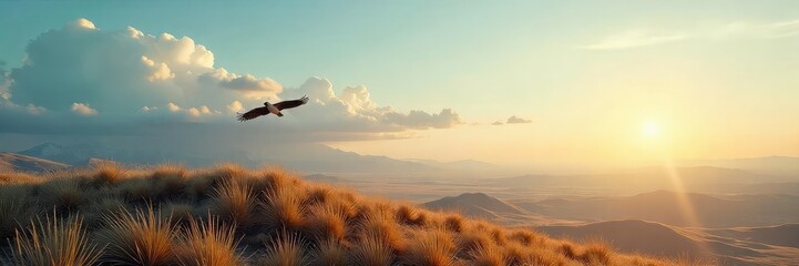 A lone bird soaring high above a vast, untouched landscape, wings outstretched, symbolizing boundless freedom and the limitless possibilities of the open sky , clouds, light, adventure