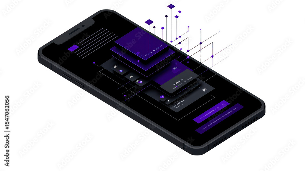 Poster futuristic smartphone interface with dark theme and purple accents, showcasing layered design with f