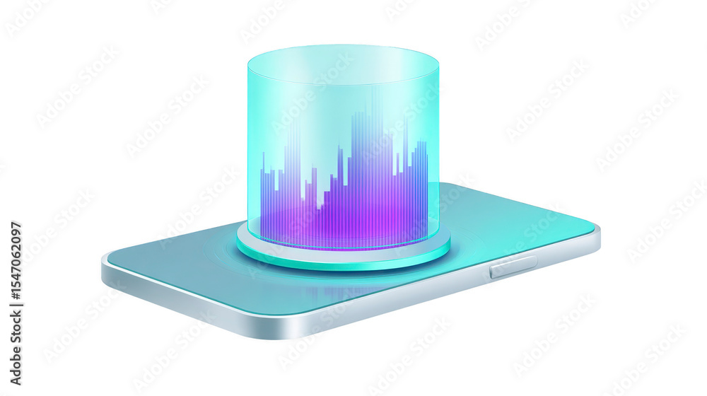 Poster futuristic holographic display projects vibrant bar graph from sleek smartphone, showcasing advanced