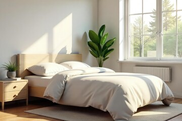 A neatly made single bed in a minimalist bedroom, fresh linens, sunlight streaming through the window Clean surfaces, organized space, ready for a relaxing sleep , organized space, decor