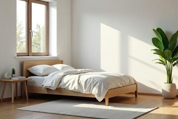 A neatly made single bed in a minimalist bedroom, fresh linens, sunlight streaming through the window Clean surfaces, organized space, ready for a relaxing sleep , window light, simple