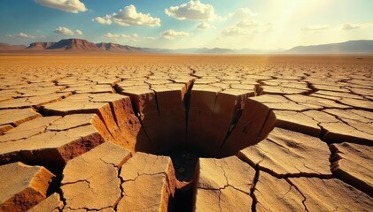 A parched, cracked earth reveals a gaping hole in the arid summer landscape, symbolic of drought and the harsh realities of extreme heat , drought, outdoor