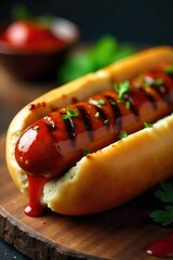 A perfectly grilled hot dog on a bun, charred grill marks visible, with classic BBQ sauce dripping down the side Ready to eat! Delicious summer food , food, relish