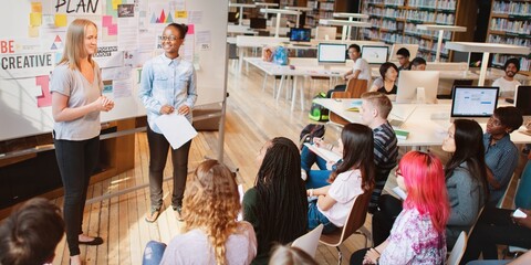 Diverse group of college students in library classroom, two students present project and idea. The...