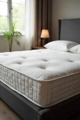 A plush, comfortable mattress sits neatly on a bedroom frame, ready for a restful night's sleep Soft lighting enhances the inviting texture and luxurious feel of the bedding , sheets, white