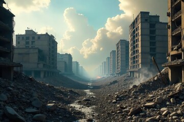 Apocalyptic cityscape reduced to rubble, smoke billowing amidst shattered buildings and broken infrastructure A scene of utter devastation and post-disaster chaos , aftermath, decay