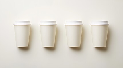 White Disposable Coffee Cups in a Row on Light Background